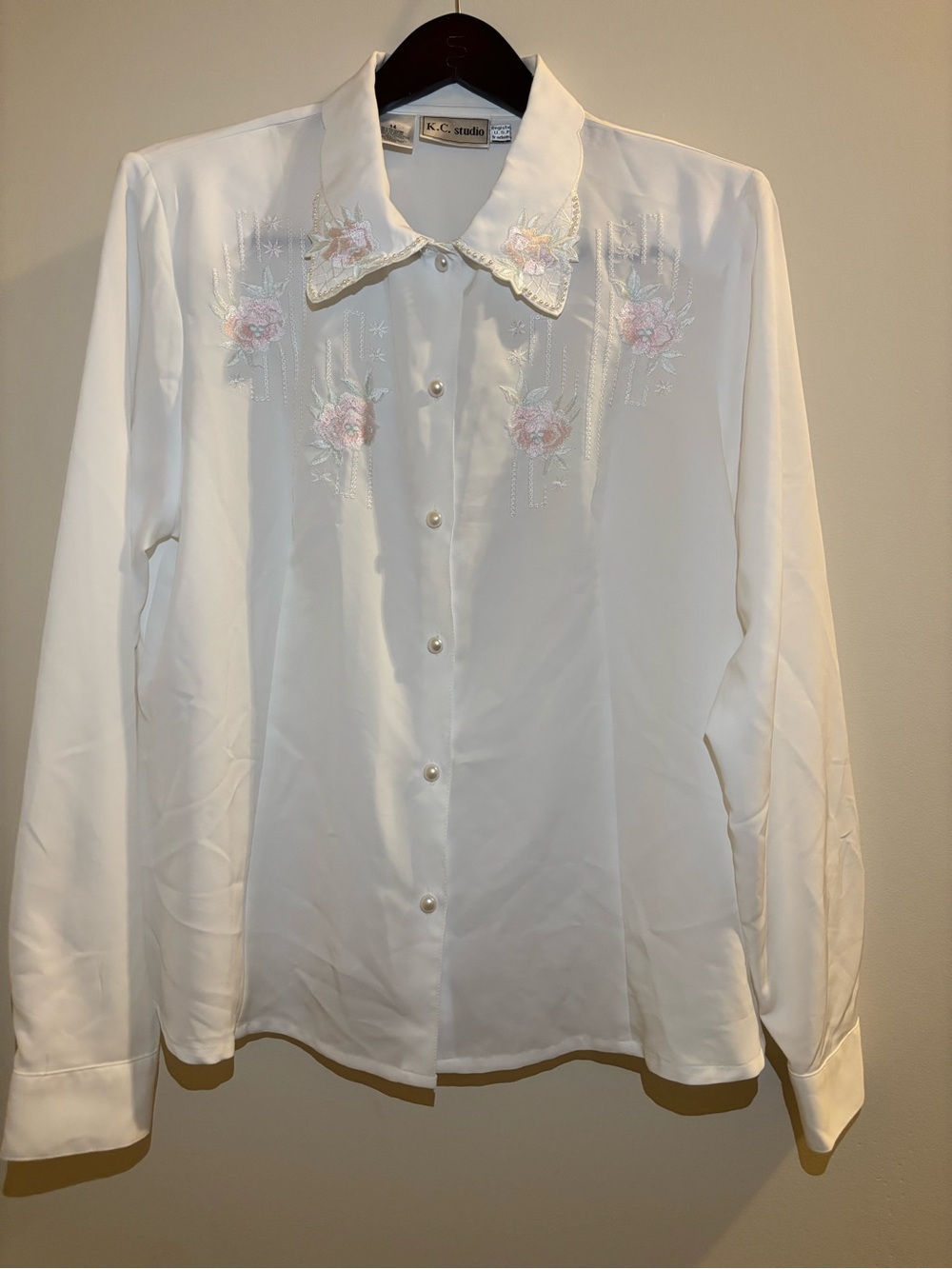 Vintage K.C. Studio White Button-Up Blouse with Pastel Rose Embroidery